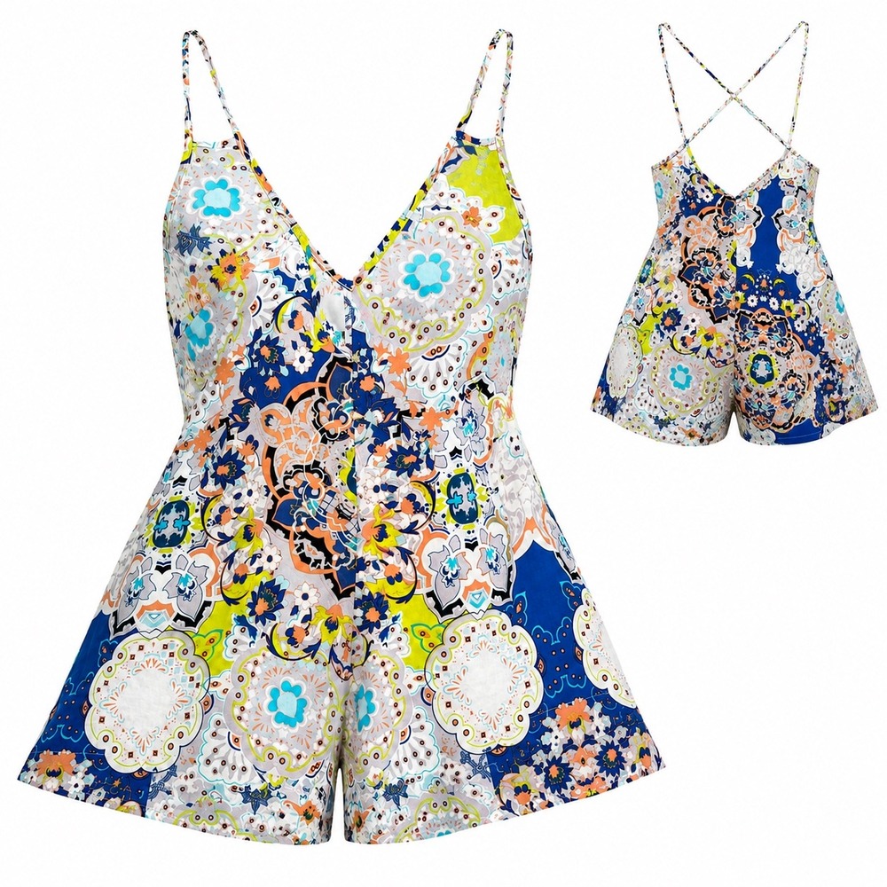 Raga Romper Mandala Paisley M Blue Orange Rayon Strappy Open Back Boho Festival
